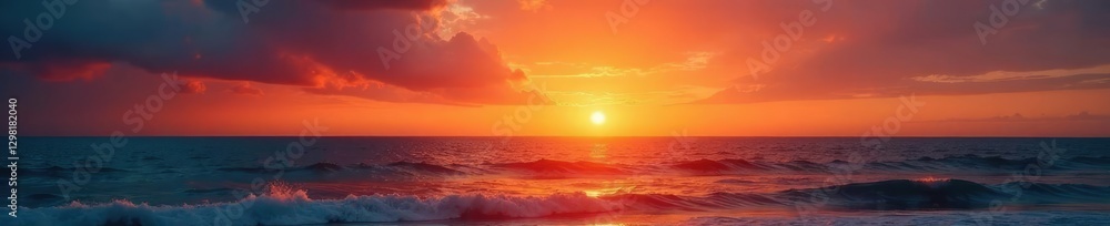 Fototapeta premium Warm orange hues dance across the sky as sunset meets the sea, seascapes, beachscapes