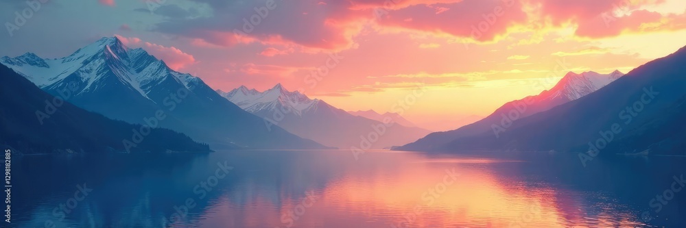 A dreamy blend of orange and blue hues fades over a serene mountain landscape, water, horizon A dreamy blend of orange and blue hues fades over a serene mountain landscape, water, horizon