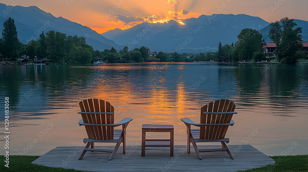 Naklejka premium Lakeside sunset view with two chairs on dock