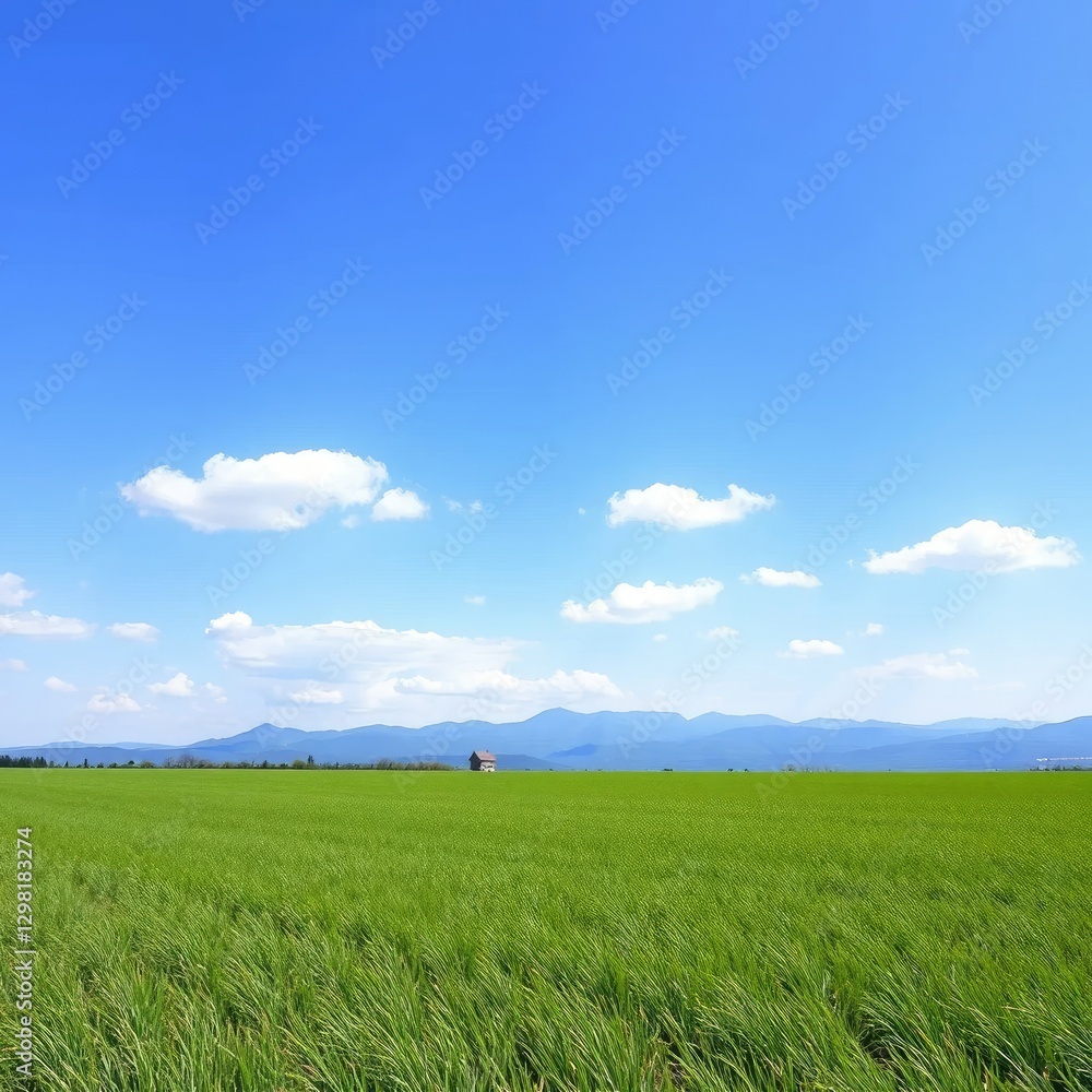A peaceful scene of a green grass field under a clear blue sky with white clouds and distant mountain peaks in the background, Landscape Photography, Spring A peaceful scene of a green grass field under a clear blue sky with white clouds and distant mountain peaks in the background, Landscape Photography, Spring