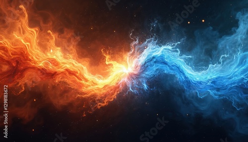 Wallpaper Mural Dramatic collision of fire, ice, swirling energy tendrils. Red, blue elements clash against black background. Visual metaphor for conflict, duality. Dynamic elemental contrast. Powerful abstract Torontodigital.ca