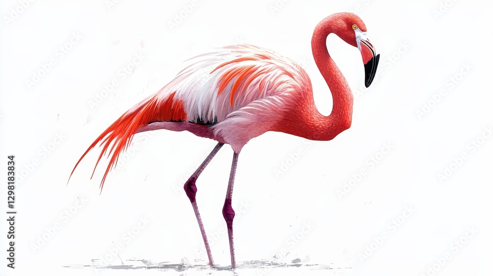 Fototapeta premium A striking pink flamingo stands elegantly on a stark white surface, adorned with vivid red and white feathers tinged with an orange glow on one side