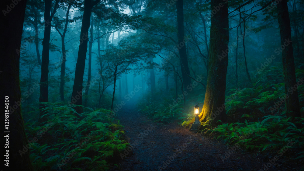 Fototapeta premium A moody, atmospheric image of a dimly lit forest path, with an old lantern illuminating the surrounding area