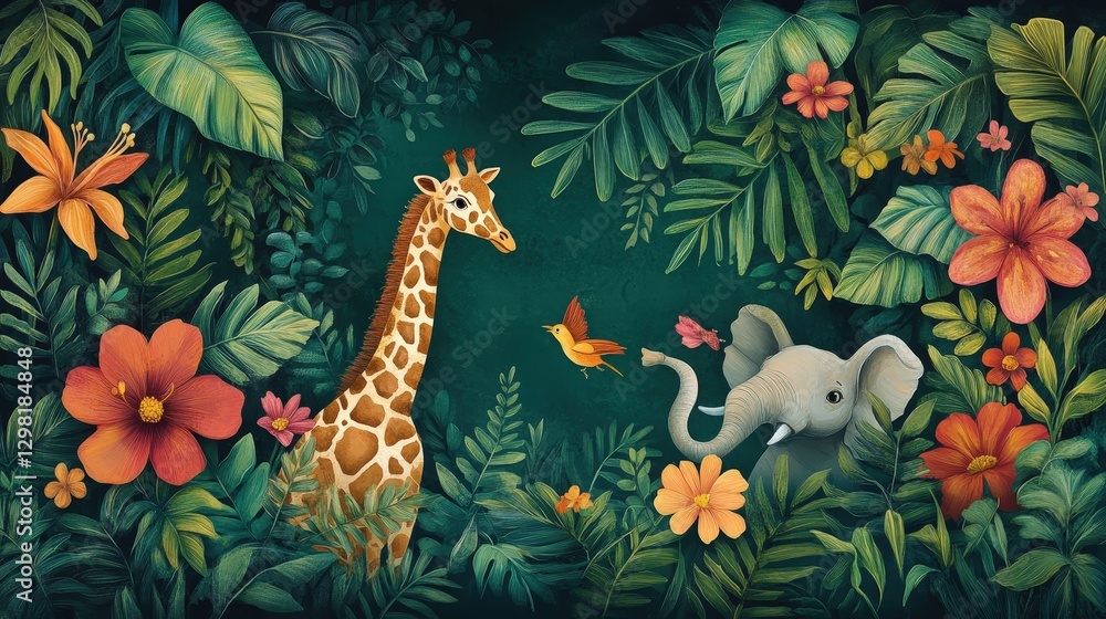Obraz premium A graceful giraffe stands amidst vibrant greens, its majestic neck arched and gaze gentle as it turns right, eyes scanning curiously to the left within the lush jungle's embrace