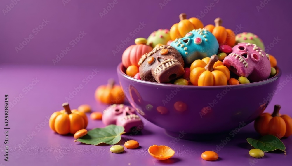Candy filled bowl with sugar skulls and chocolate pumpkins on a violet background, festive, autumnal Candy filled bowl with sugar skulls and chocolate pumpkins on a violet background, festive, autumnal