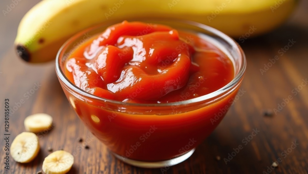 Banana Ketchup. Sauce is in small bowl with bananas on side Banana Ketchup. Sauce is in small bowl with bananas on side