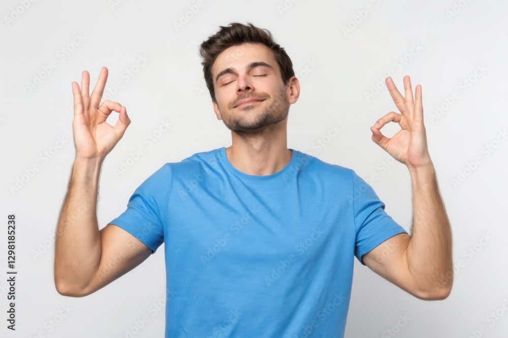 A Young Man in a Blue T-Shirt Embracing a Moment of Calm and Serenity through Meditation A Young Man in a Blue T-Shirt Embracing a Moment of Calm and Serenity through Meditation