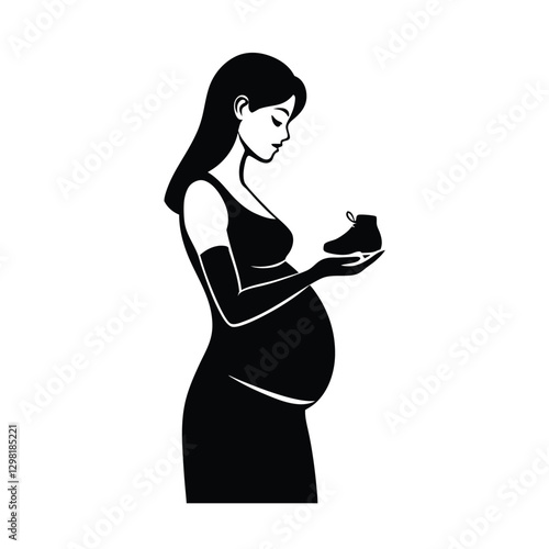Elegant expectant mother holding small baby shoe silhouette on white background