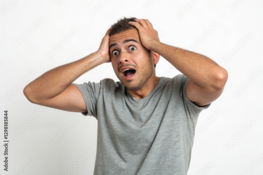 A Surprised Young Man Expressing Shock and Disbelief in Front of a Simple White Background A Surprised Young Man Expressing Shock and Disbelief in Front of a Simple White Background