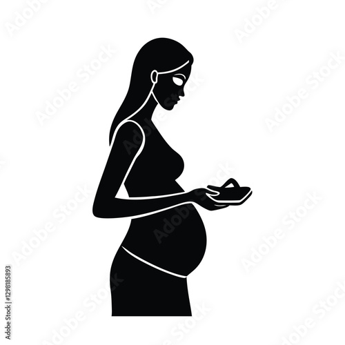 Graceful expectant mother cradling tiny baby shoe silhouette on white background