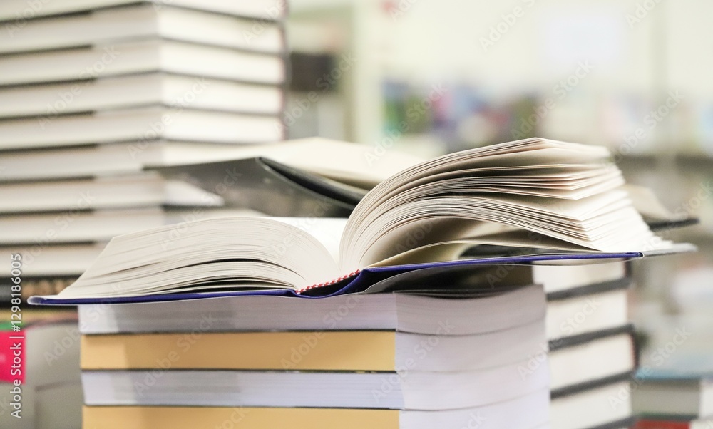 stack of books on the table. open book stack of books on the table. open book