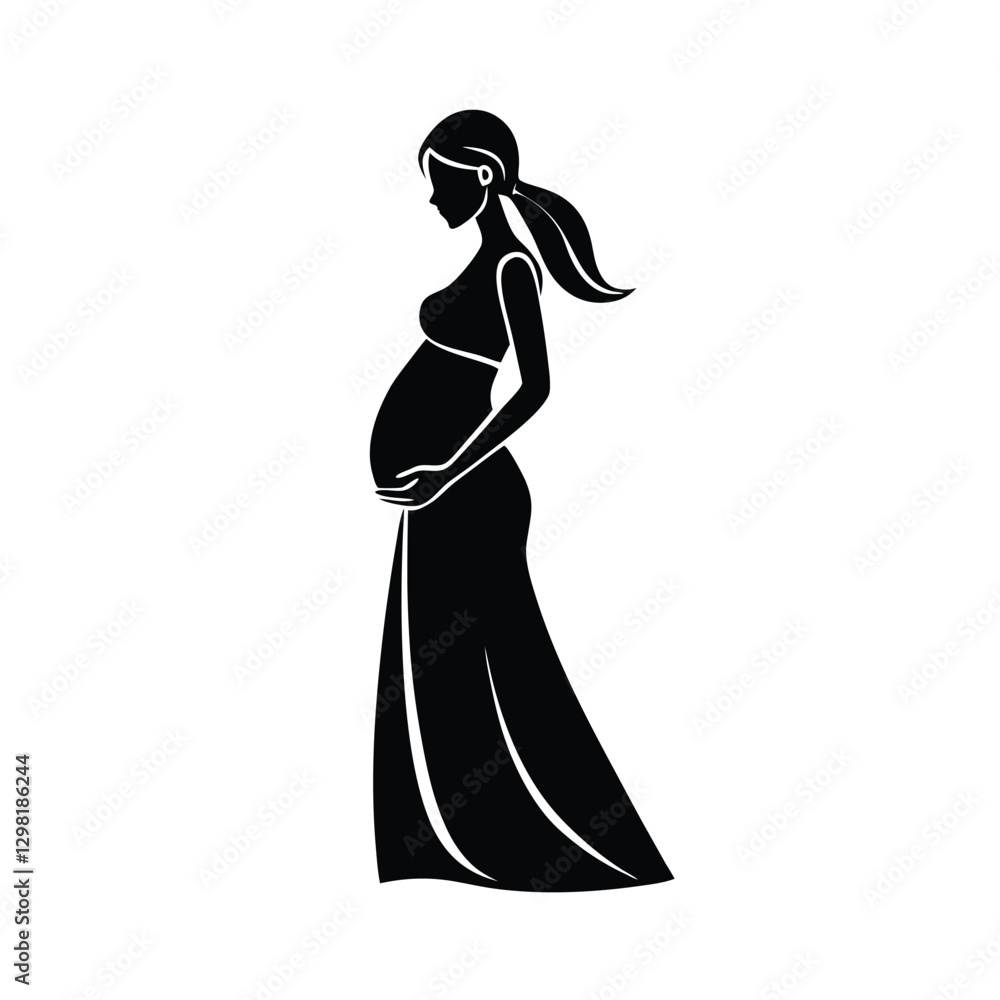 Charming expectant mother wearing long dress softly touching her belly Charming expectant mother wearing long dress softly touching her belly