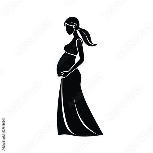 Charming expectant mother wearing long dress softly touching her belly