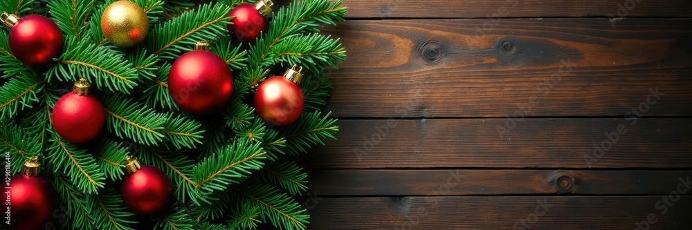 Obraz premium Dense spruce branches against a wooden background, adorned with red glass balls and golden ornaments, Christmas, golden ornaments