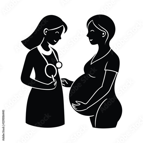 Loving expectant mother listening to baby heartbeat silhouette on white
