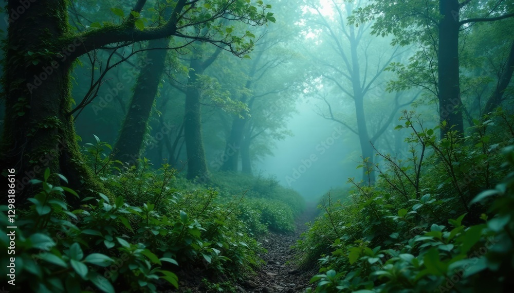 Fototapeta premium Dense thicket of brambles and vines in misty fog, vines, undergrowth