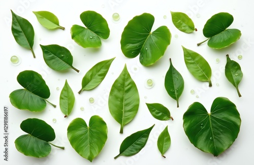 Top view flat lay of rich green leaves and water droplets isolated on white background. Fresh foliage branches. Natural organic plant leaf texture, eco design for spring.