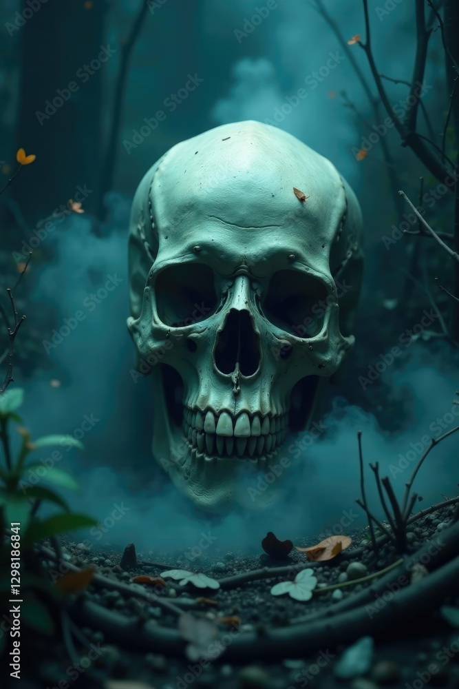 Ghostly fog surrounds a skull in dark surroundings, decayed, ghastly, darkness Ghostly fog surrounds a skull in dark surroundings, decayed, ghastly, darkness