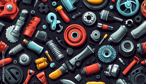 Groovy spare part and tool character seamless pattern. Fabric print pattern with auto spare parts. Seamless backdrop with vehicle engine, battery and wheel, gasket, spark plug groovy characters