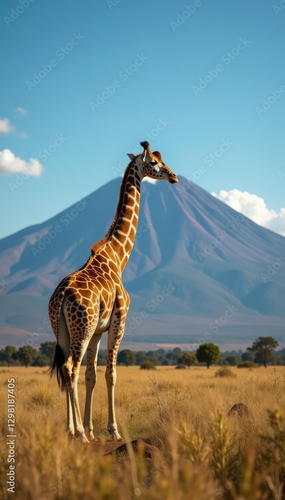Fototapeta premium Giraffe's long neck stretching towards the summit of Kilimanjaro, solitary, giraffe