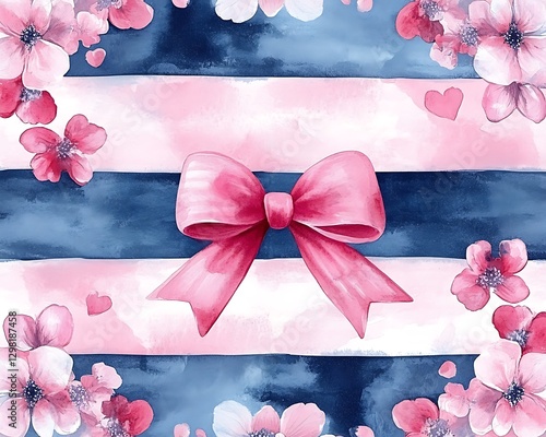 Pink bow on navy & pink stripes, flowers