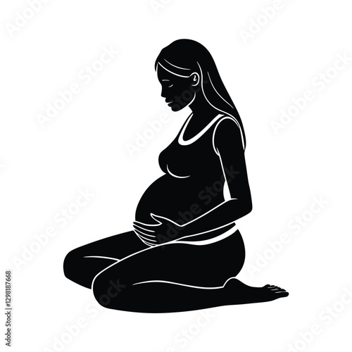 Gentle expectant mother on floor with arms embracing softly silhouette