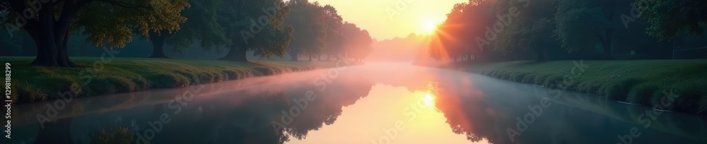 Misty canal waters reflected in calm surface of Ring canal at dawn, water reflections, morning Misty canal waters reflected in calm surface of Ring canal at dawn, water reflections, morning