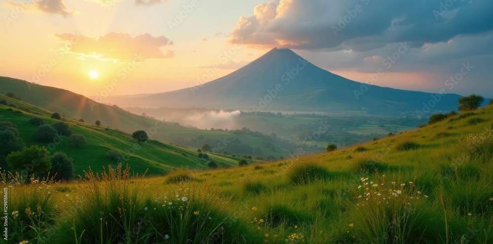 Obraz premium Misty dawn on Sicily's green meadows with Etna volcano in the background, Sicily, valley