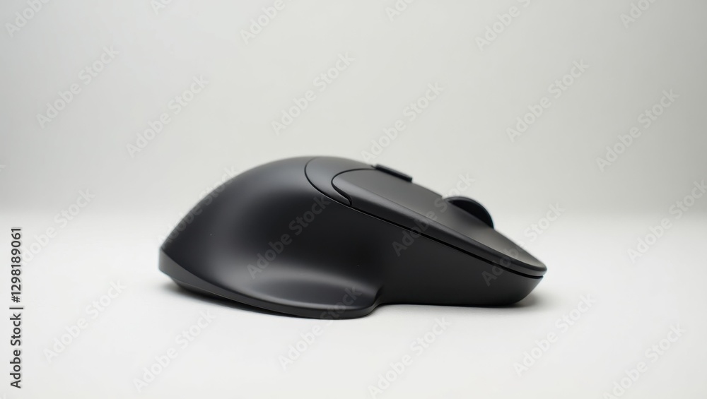 Ergonomic Mouse. Black mouse is sitting on white surface Ergonomic Mouse. Black mouse is sitting on white surface