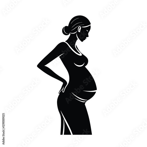Serene expectant mother with gracefully arched back in white silhouette
