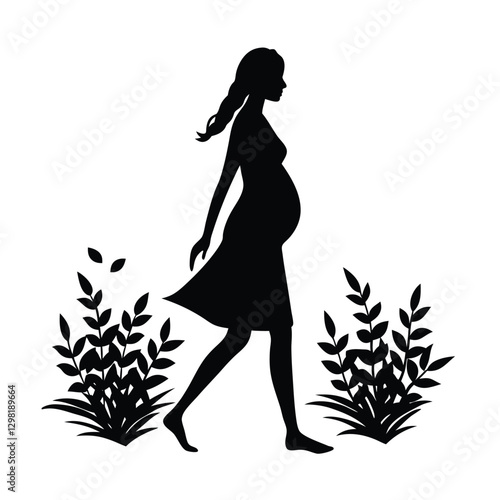 Natural expectant mother walking barefoot in nature silhouette on white