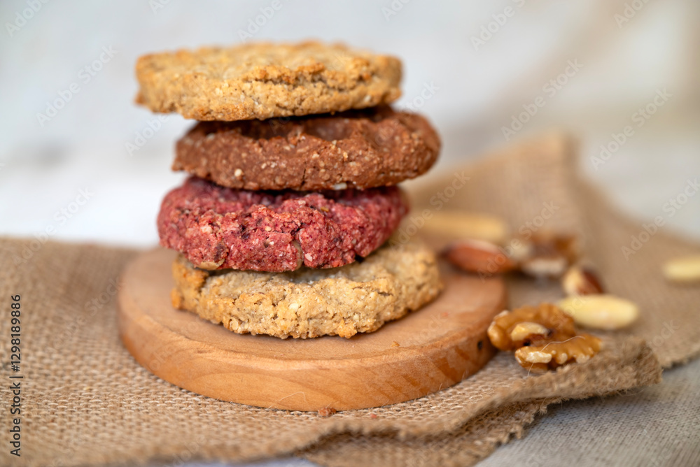 Fototapeta premium Oat cookies with nuts and seeds on shadows background