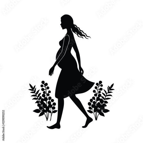 Casual expectant mother strolling barefoot in nature with isolated silhouette