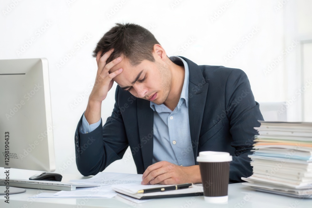 Stressed Businessman in a Suit at Desk with Documents and Coffee Reflecting Work Pressure Stressed Businessman in a Suit at Desk with Documents and Coffee Reflecting Work Pressure