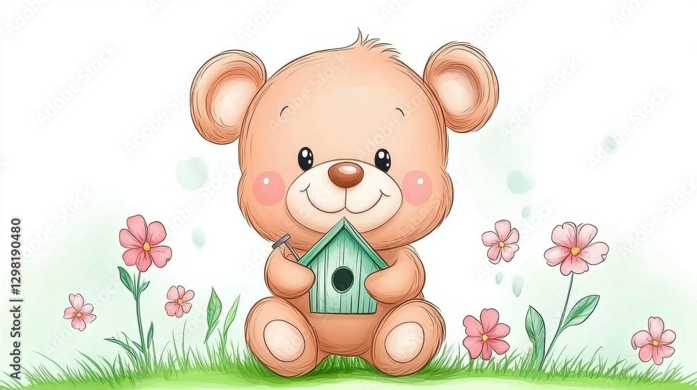 Fototapeta premium Cute Cartoon Bear Holding Birdhouse Surrounded by Flowers