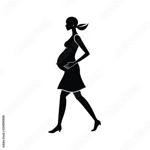 Graceful expectant mother walking with hands softly on belly on white
