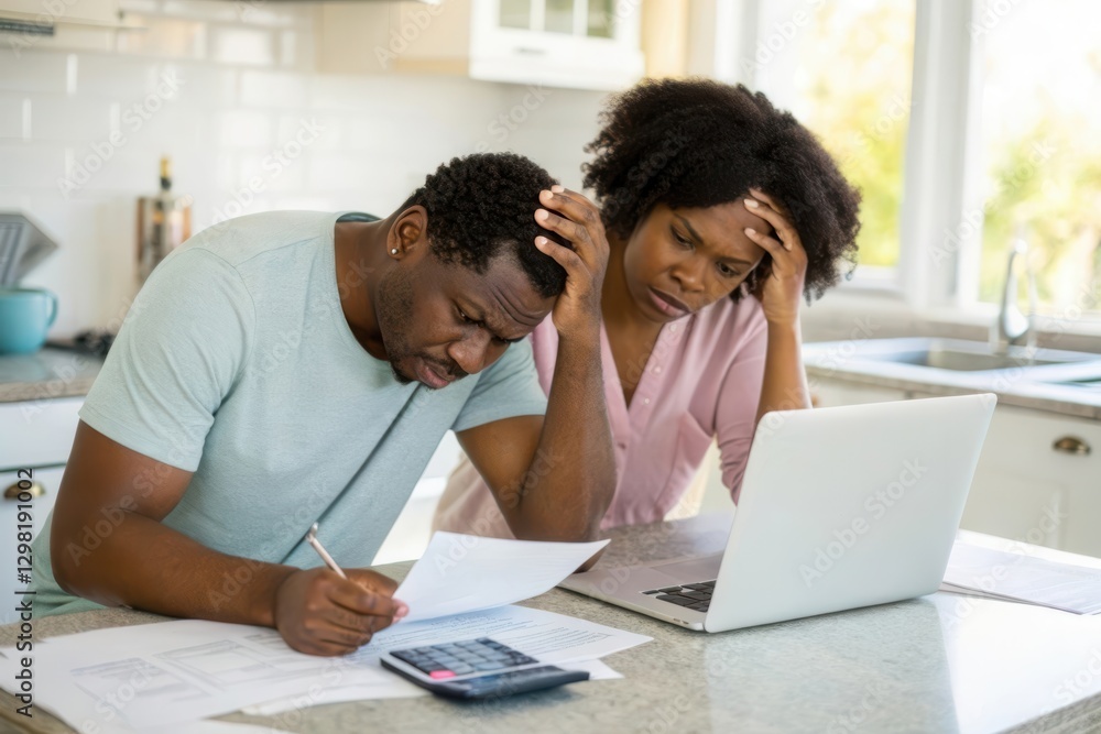 Couple Struggling with Finances in a Modern Kitchen While Reviewing Bills and Budgeting Couple Struggling with Finances in a Modern Kitchen While Reviewing Bills and Budgeting