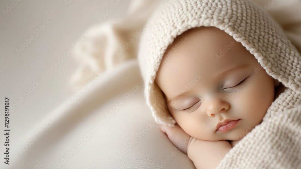 Dreaming Sweetly: A serene close-up captures an infant sleeping soundly, swaddled in a soft, textured blanket. Softness, peace, and the purity of new life are emphasized in this endearing portrait. Dreaming Sweetly: A serene close-up captures an infant sleeping soundly, swaddled in a soft, textured blanket. Softness, peace, and the purity of new life are emphasized in this endearing portrait.