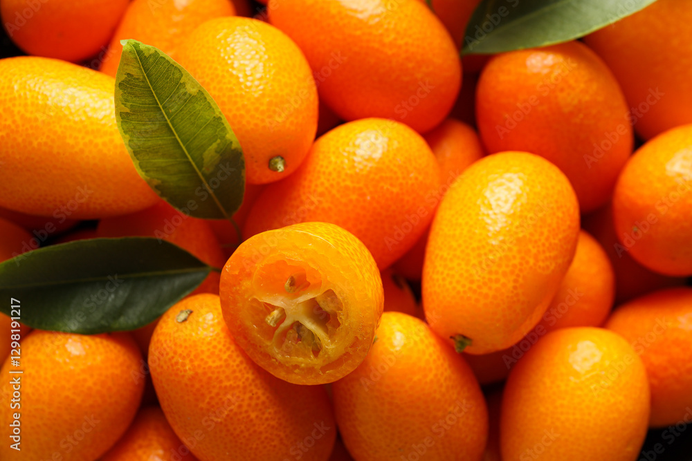 Kumquat whole and piece, leaves, close up Kumquat whole and piece, leaves, close up
