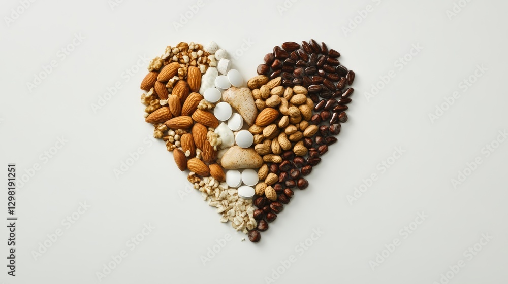 Obraz premium Heart shape composed of nuts and seeds on white background