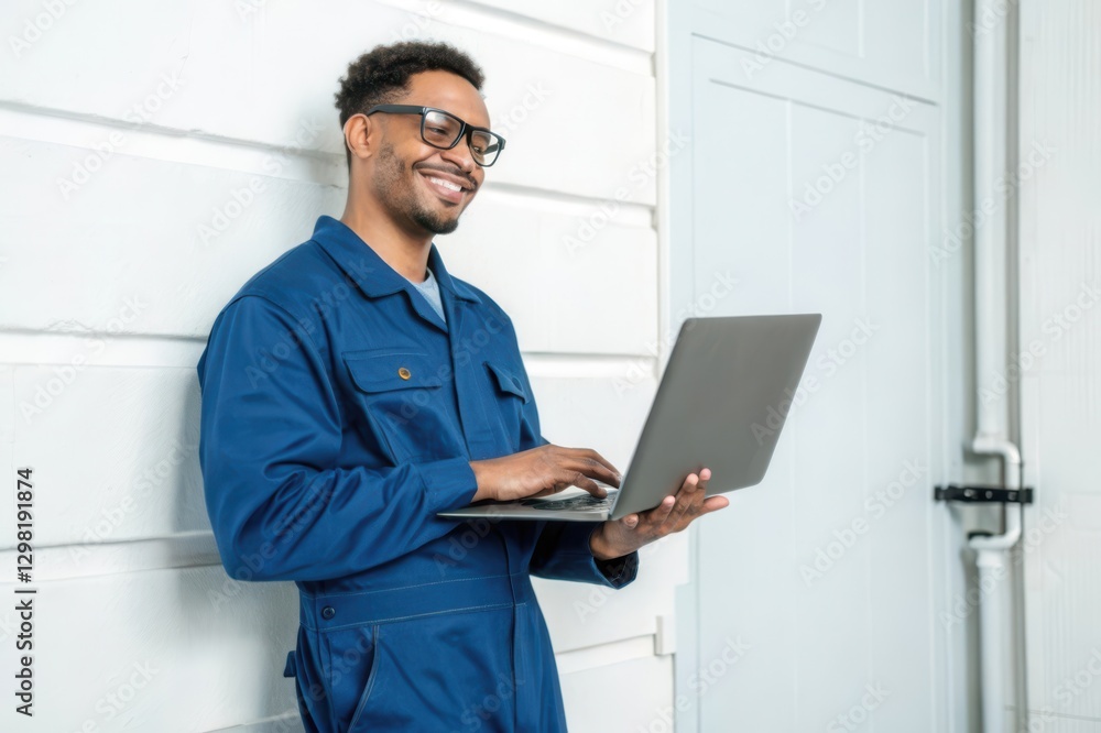 Smiling Man in Blue Work Coveralls Engaged with Laptop in Modern Indoor Setting Smiling Man in Blue Work Coveralls Engaged with Laptop in Modern Indoor Setting