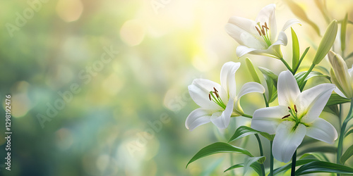 A close-up of delicate white lilies blooming in a lush green garden, bathed in golden sunlight, with a soft-focus background creating a serene and peaceful atmosphere.