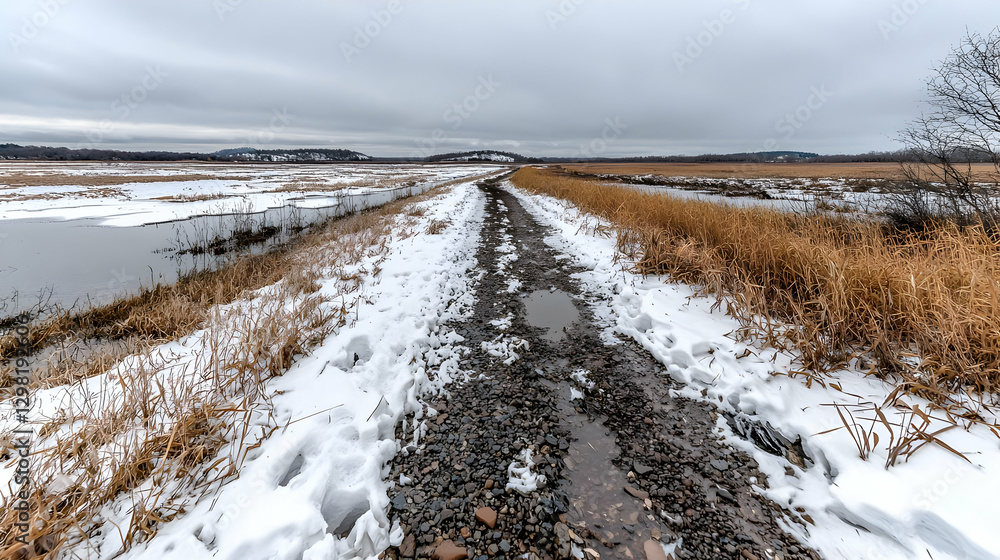 Snowy winter road through wetlands; landscape photography for travel brochures Snowy winter road through wetlands; landscape photography for travel brochures