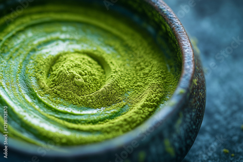 A bowl of bright green matcha powder swirled into liquid, symbolizing superfoods, detoxification, longevity, and biohacking for energy. photo