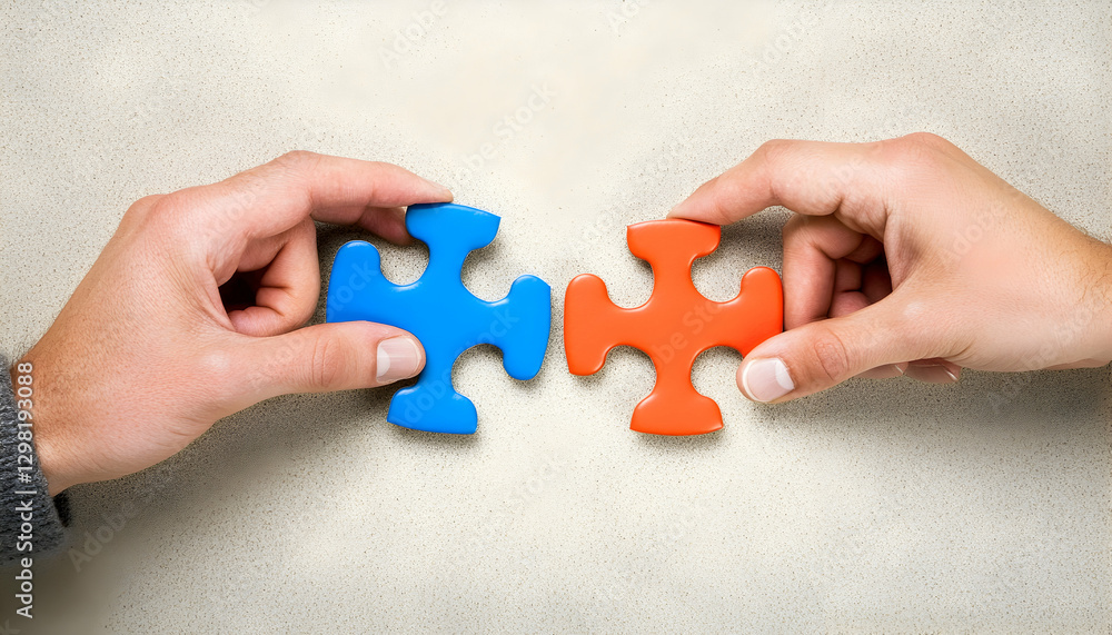 Hands connecting two puzzle pieces together on an office background. Hands connecting two puzzle pieces together on an office background.
