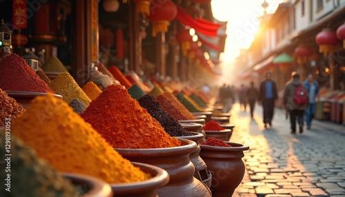 Fototapeta Naklejka Na Ścianę i Meble -  Oriental spices in pots on market. Colorful mix of aromatic herbs, peppers and curries at souk. Asian spice powders for sale. Vibrant spice stall in sunlight. Travel destination at trade store.