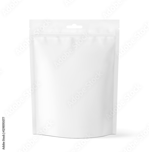 Realistic stand up pouch bag with hang slot mockup. Front view. Vector illustration isolated on white background. Ready for your design. EPS10.