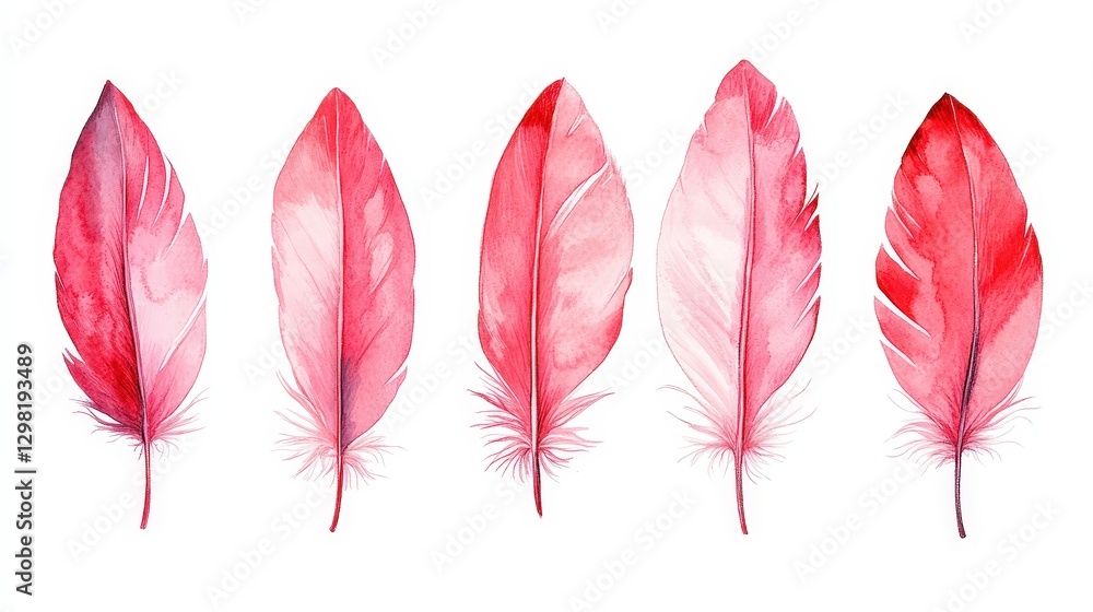 Elegant watercolor illustration featuring five red feathers aligned horizontally, each gracefully tilted to the left, exuding softness and vibrant allure Elegant watercolor illustration featuring five red feathers aligned horizontally, each gracefully tilted to the left, exuding softness and vibrant allure
