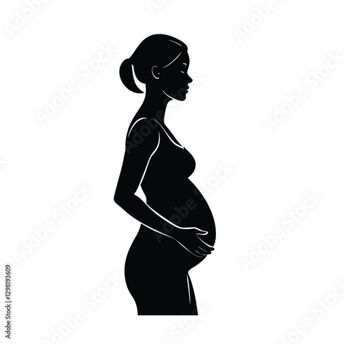 Refined future mother standing in profile with one hand on belly