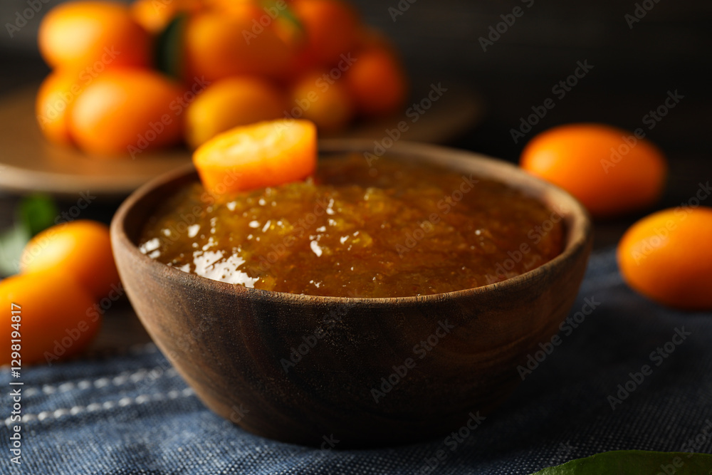 Fototapeta premium Kumquat and jam in bowls on wooden background, close up